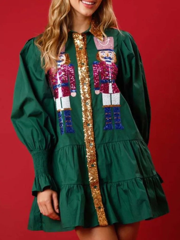 Women Long Sleeve Sequin Shirt Dress