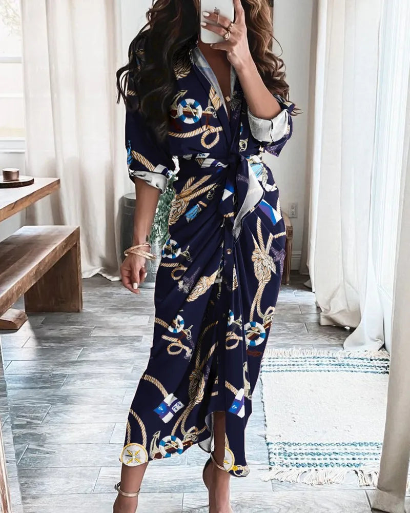 Summer Bandage Shirt Women Fashion Button Ruched Dress Casual Short Sleeve Printed Dress Female Elegant Party Dress Robe