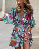 Women's V-Neck Elastic Waist Printed Ruffle Dress