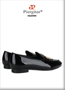 Piergitar Black Patent Leather Men's Loafers With Manual Embroidery Patches Imported From India Slip-On Moccasins Red Outsoles