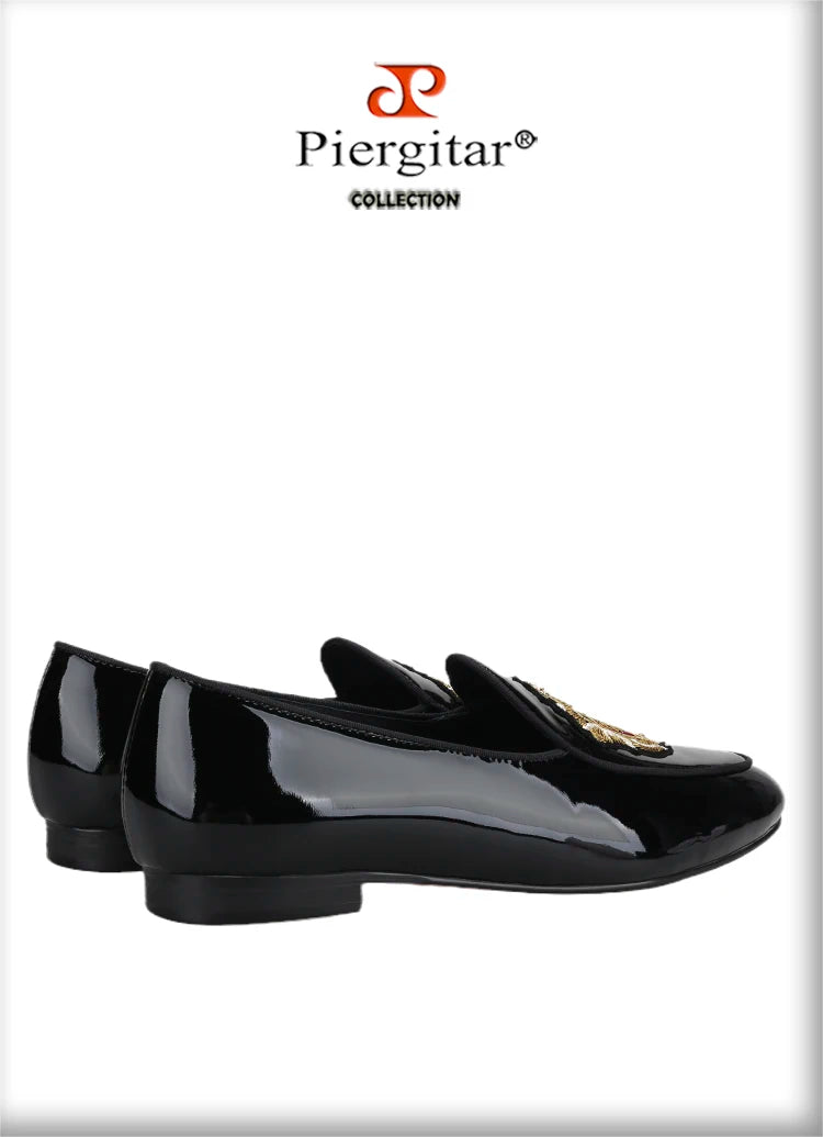 Piergitar Black Patent Leather Men's Loafers With Manual Embroidery Patches Imported From India Slip-On Moccasins Red Outsoles
