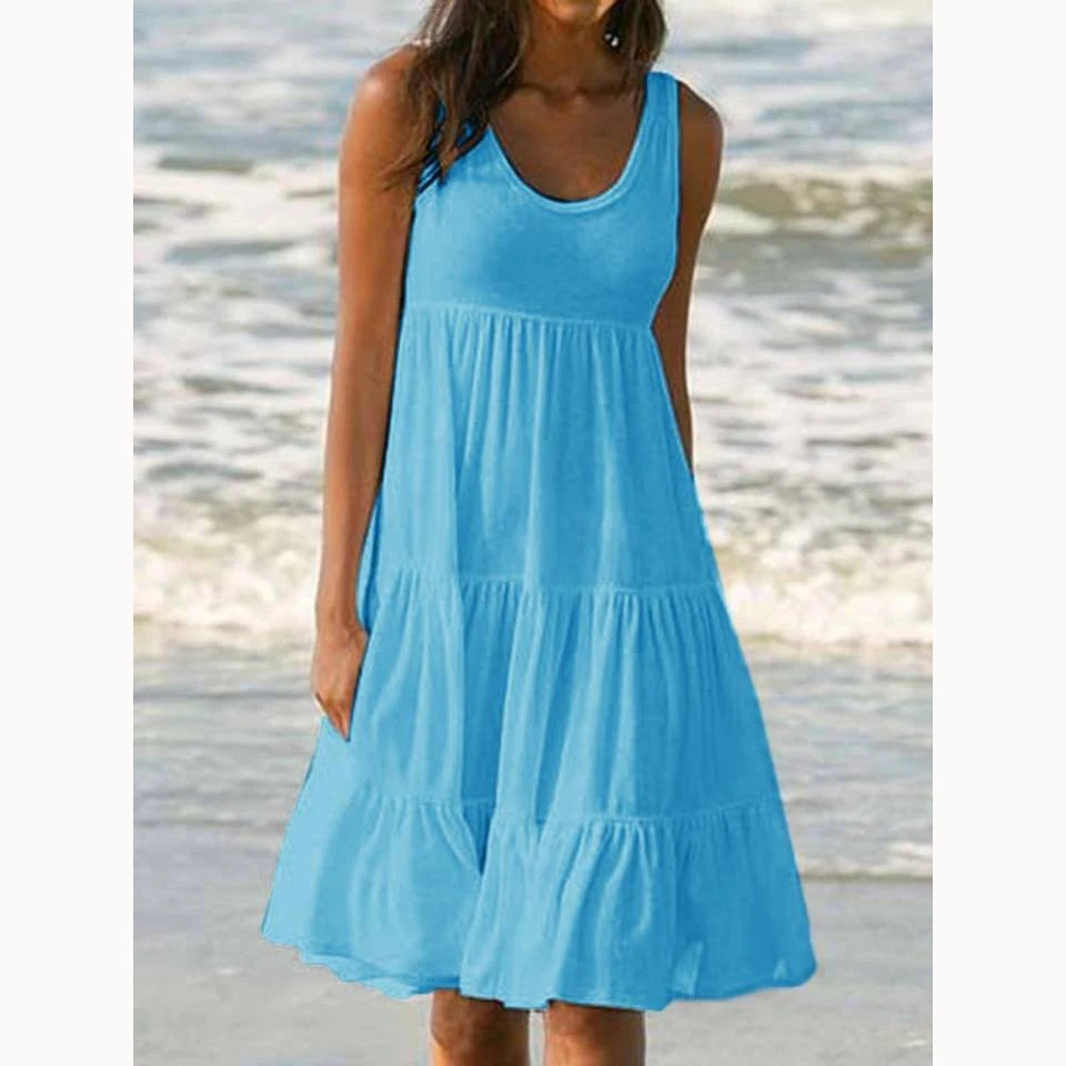 Women Causual O Neck Sleeveless Ruffles Mini Dress Boho Solid Beach Sundress Oversized Loose Dress 2023 Summer