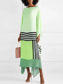 Retro Striped Print Patchwork Irregular Dress Women Spring Batwing Sleeve Loose Long Dress Summer Sexy Crew Neck Boho Maxi Dress