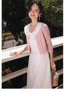 White Bow Jacquard Sundress Women Sweet Summer A-Line Dress with Tie Straps Petite Fit Flowy Midi Dress Cute Vacation Daily Wear