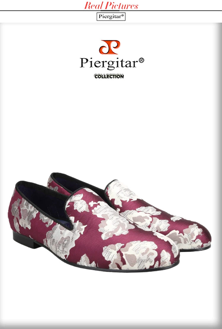 Piergitar 2022 New Arrival Purple Jacquard Fabric With White Fowers Handmade Men Loafers Party And Prom Male Flats Plus Size