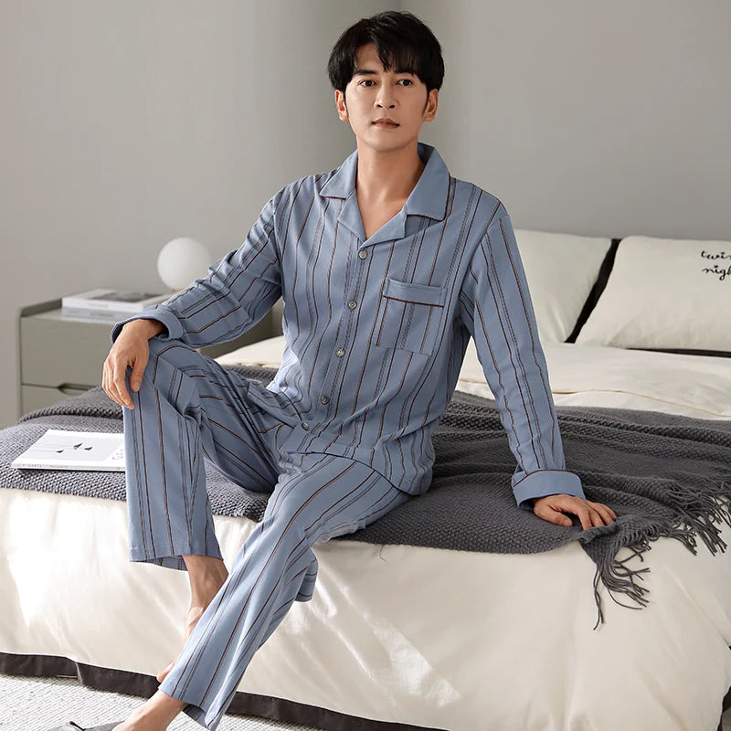 2024 Winter Cotton Men Blue Stripe Sleepwear