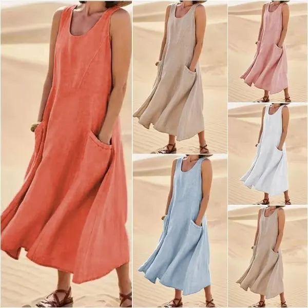 Women Linen Sundress Summer Female Sleeveless Double Big Pocket Loose Sand Beachwear Long Dress Oversized