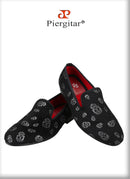 Piergitar New Style Black Horsehair Sliver Skull Embossed Men Shoes For Party Slip-On Loafers Smoking Slipper Men Flat Plus Size