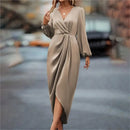 Women's 2025 new long dress; elegant round-neck silk satin long sleeves; midi dress for ladies; sexy dress; street fashionbe.