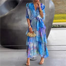 2025 Summer New Elegant Women's Chiffon Dress Fashionable Printed V-neck Short-sleeved Layered Ruffle Loose Lace-up Long Skirt