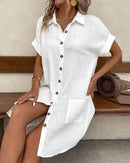 Women's Fashion Summer Minimalist V-neck Button Up Dress Woman Cotton Linen White Short Sleeved Pocket Casual Loose Shirt Dress