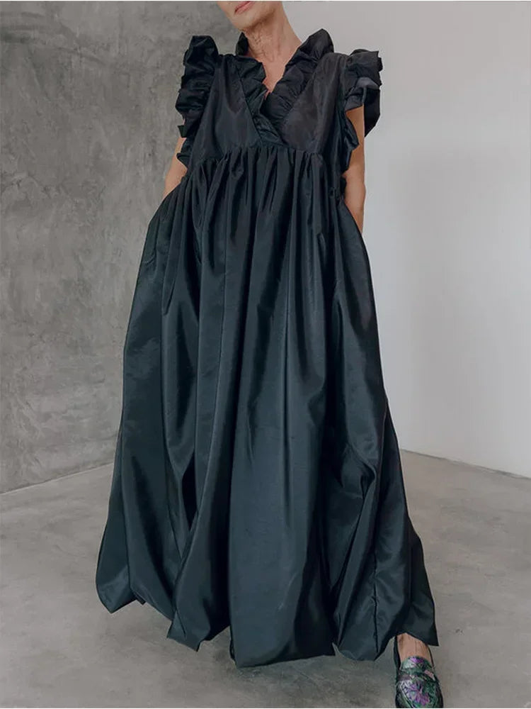 Women's Pleated A-line Ruffle Pockets Vintage Casual Fashion V-Neck Summer dress
