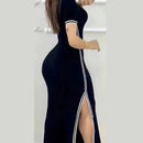 Women's Round Neck and Side Split Short Sleeves Dress