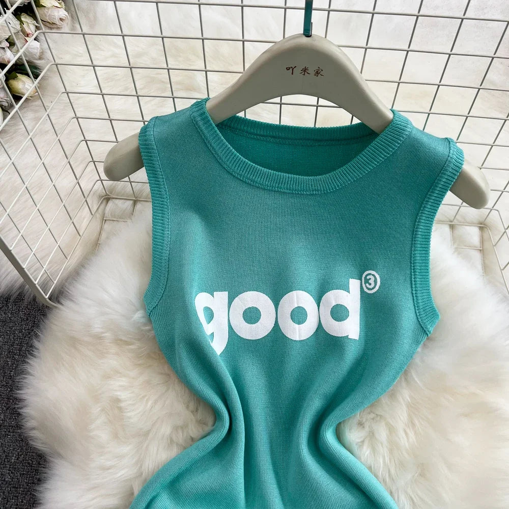 Fashion Y2K Letters Knitted Women Dress Sexy Tank Sleeveless Slim Elastic Bodycon Summer Dress Streetwear Vestidos