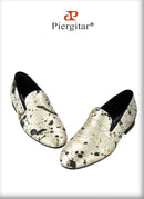 Piergitar Gold Color Ink Embossed Silk Men's Loafers Slip-On Model Handmade Moccasins For Wedding Breathable Leather Insole