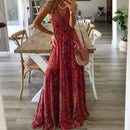 Bohemian Style Women's Clothing Long Dress New  Suspender Long Dress High Waist V-neck Printed Floral Dress Women's Clothing