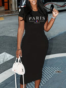 Ladies' Summer Fashion MILANO ITALIA Letter Pattern Printed Round Neck Short Sleeve Casual Slimming Sexy Fashion Dress