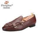 Piergitar 2023 Dark Brown Nappa Calfskin Double-Monk Belgian Loafers With Fringes And Metal Buckles Slip-On Men Smoking Slippers