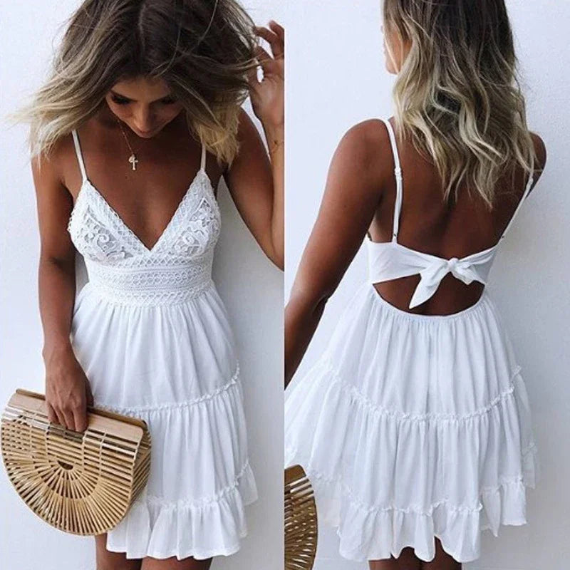 Deep Neck Backless A-Line Summer Embroidery Laces Mini Dresses Woman White pink Spaghetti Strap Beach Wear