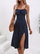 2024 Women Floral Print Spaghetti Straps Summer Boho Beach Dress Print Elegant  Suspenders Square Neck Slit Dress Vestidos