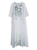 plus Size 5XL Women's Elegant Print Dress V Neck Casual Loose Long Sleeved Fashionable Temperament Autumn Clothing