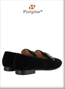 Piergitar Black Color Men Velvet Shoes With Handmade Rhinestones Buckle For Party And Wedding Classic Model Slip-On Loafers