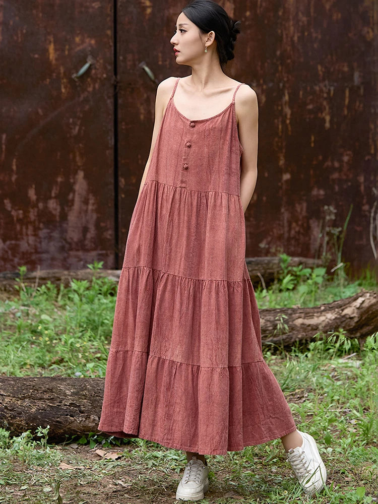 Cotton Linen Long Spaghetti Strap Dress