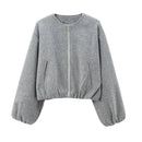TRAF Outerwears Cropped Bomber Jacket Women Autumn Long Sleeve Faux Wool Coats For Woman Winter Zip Up Gray Beige Short Coats