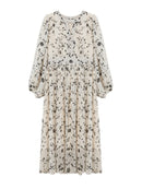 Floral Midi Dress Women Sweet A-Line Long Sleeve Hollow Out Dress Elegant High Waist Casual Long Dress Daily or Vacation Outfits