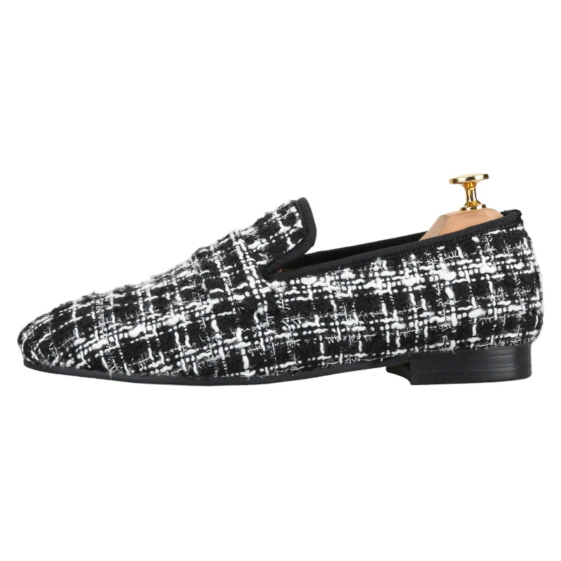 Luxury Brand Black and White Knitted cotton Men's penny Loafers British Classic Slip On Smoking Slippers