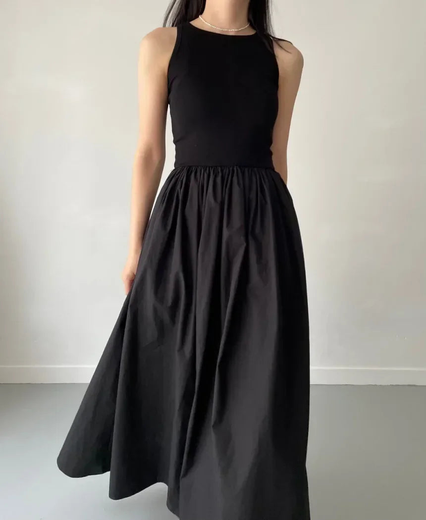 Simple Elegant Long Black Dresses For Woman Round Neck Sleeveless Low Waist