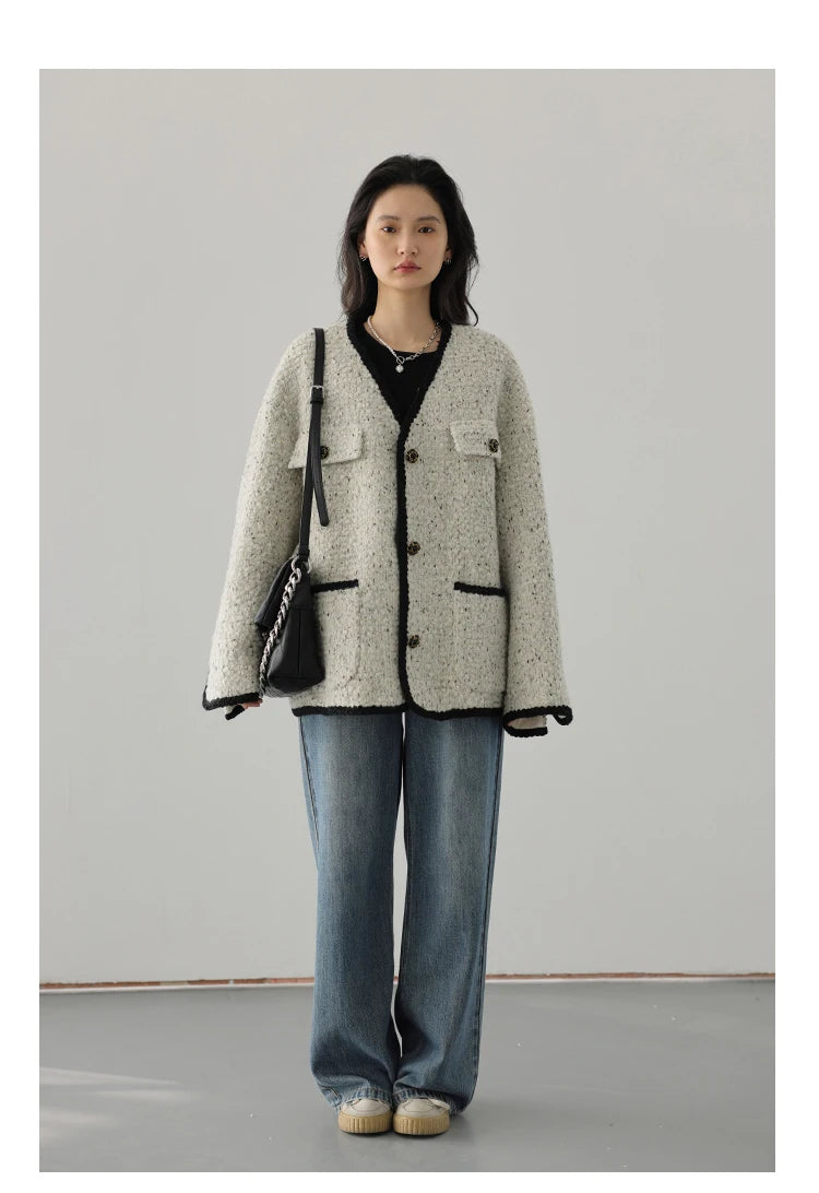 CHIC VEN Women's Woolen Coat Heavy Industry Down Jacket Vintage V-Neck Woman Down Coat Female Tops Autumn Winter 2024