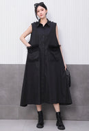 Front Pocket New 2025 Summer Korean Style Woman Black Sleeveless Shirt Dress Loose Fit Chic Holiday Casual Big Size Robe JKXD003