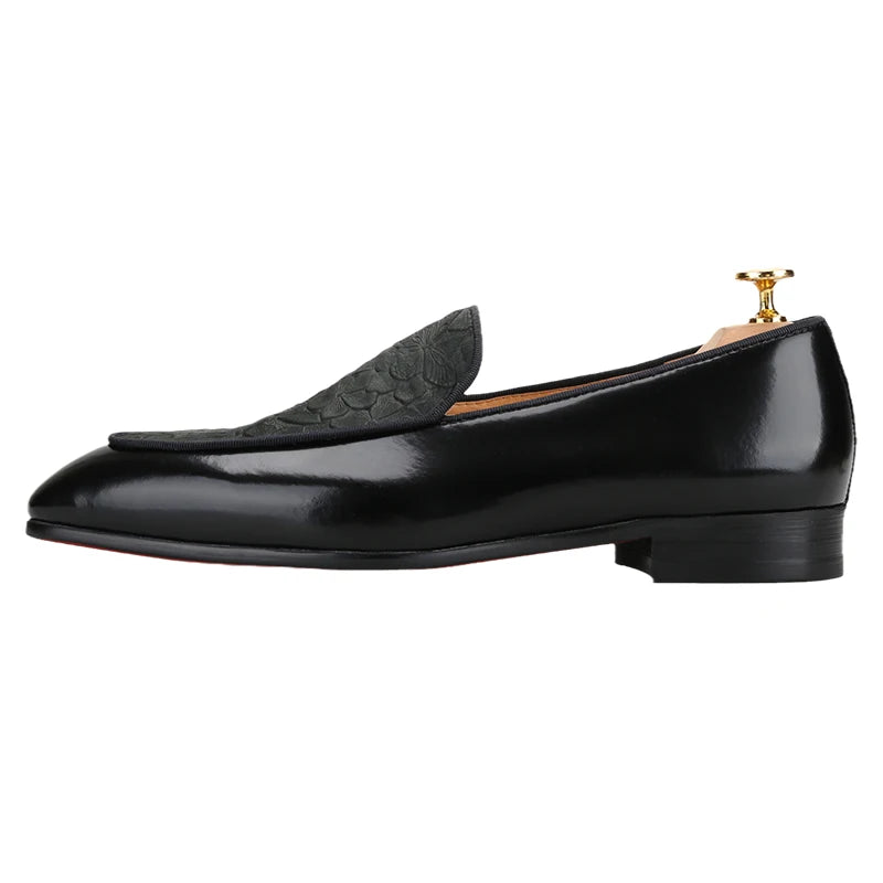 Piergitar Flower Pattern Embossed Leather Patchwork With Black Calfskin Men's Loafers Handmade Slip-On Slippers Red Bottom Flats