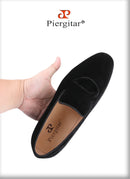 Piergitar New Arrival Two Colors Velvet Men's Smoking Slippers With Matching Velvet Buckles Handmade Slip-On Loafers Red Bottom