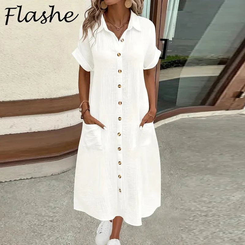 Women's Cotton Linen Short Sleeve Pocket Casual Shirtdress with V-Neck and Button Up Holiday Dresses