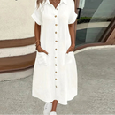 Women Cotton Linen White Short-Sleeve Pocket Casual Shirt Midi Dresses V Neck Button Up