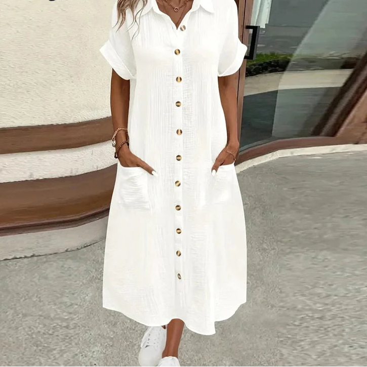 Women Cotton Linen White Short-Sleeve Pocket Casual Shirt Midi Dresses V Neck Button Up
