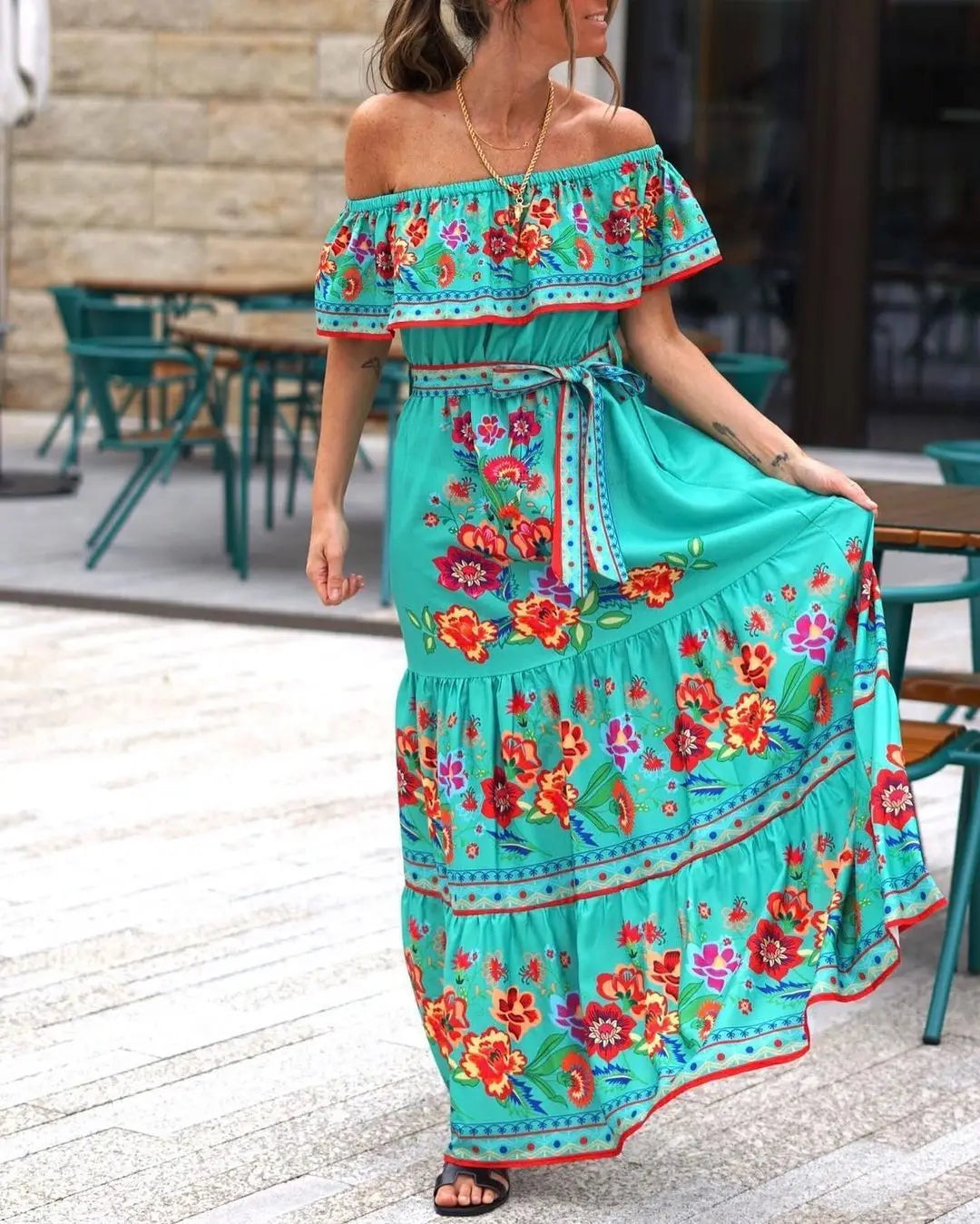 2024 Spring/Summer New Women Retro Fashion One Shoulder Red Flower Printed Waist Collection Long Style Large Swing Casual Dress