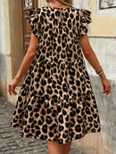 Women's Plus Size Leopard Print Dress - Elegant Ruffle Hem Crew Neck Flutter Sleeves Stretchy Polyester Blend, Perfect for Sp