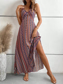 Women's Summer Ethnic Pattern Backless Split Thigh Dress Ladies Summer Clothes Boho Fashion Frill Trim Long Dress for Beach