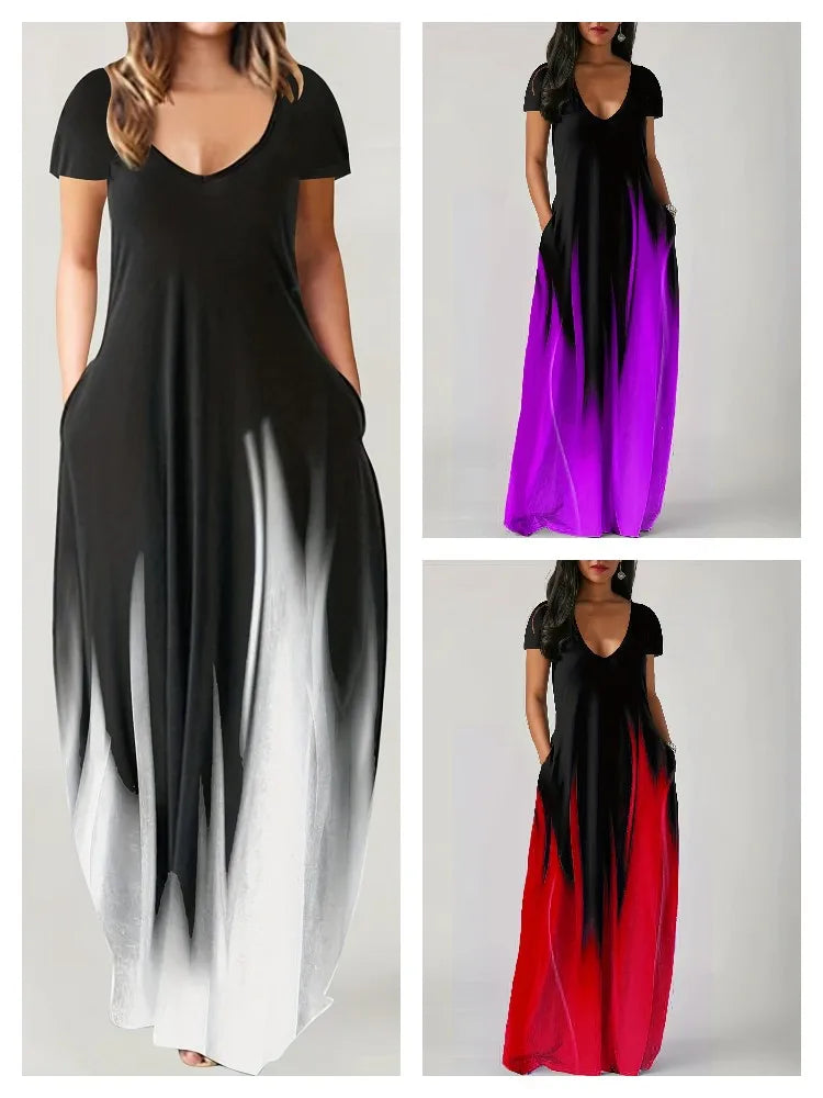 New Summer Loose Print Casual Women's Dress Pocket Long Dress
