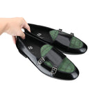 Piergitar Black Polished Leather Patchwork Green Crocodile Suede Men's Monk Shoes Handmade Slip-On Loafers For Wedding And Party