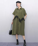 Mesh Ruffles Joined New 2025 Summer Woman Short-Sleeve Green Shirt Dress Loose Fit Tide Big Size Girls Casual Large Robe JKXD026