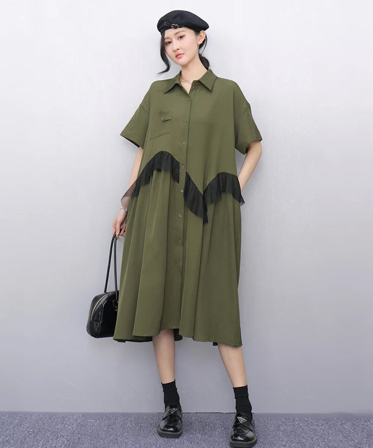 Mesh Ruffles Joined New 2025 Summer Woman Short-Sleeve Green Shirt Dress Loose Fit Tide Big Size Girls Casual Large Robe JKXD026