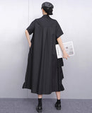 Ruffle Decoration New 2025 Summer Korean Style Woman Black Shirt Dress Loose Fit Chic Big Size Casual Holiday Dress Robe JKXD002