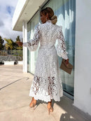 Spring New French Lace Standing Neck Bubble Sleeves Wrapped Waist for Slimming Dress, Elegant European and American Long Dress