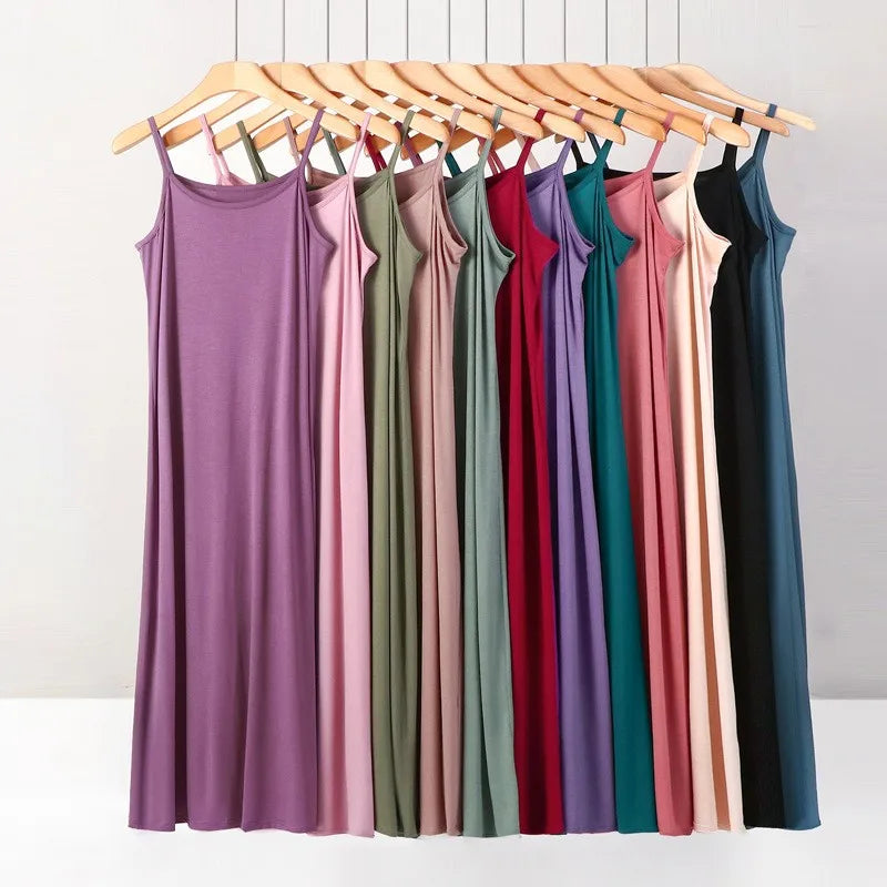 Plus size spring and summer versatile slim long inner nightgown suspender modal cotton solid color bottoming dress