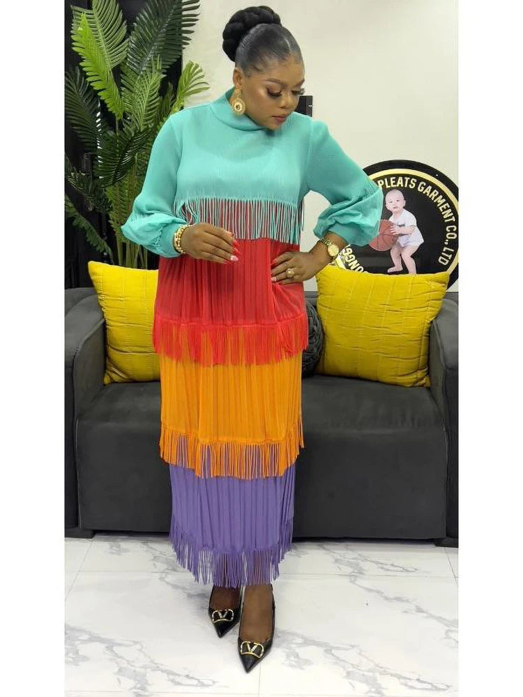 Women's Pleated Puff Sleeve Tassel Dress