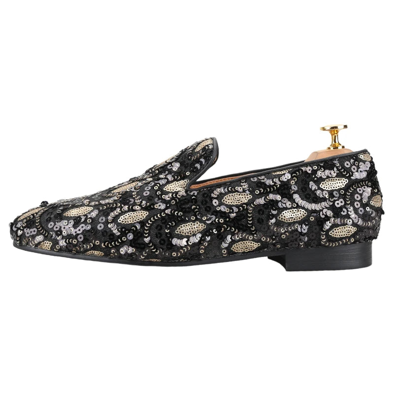 Mens smoking slippers handmade with leather insoles and gold and black glitter beads